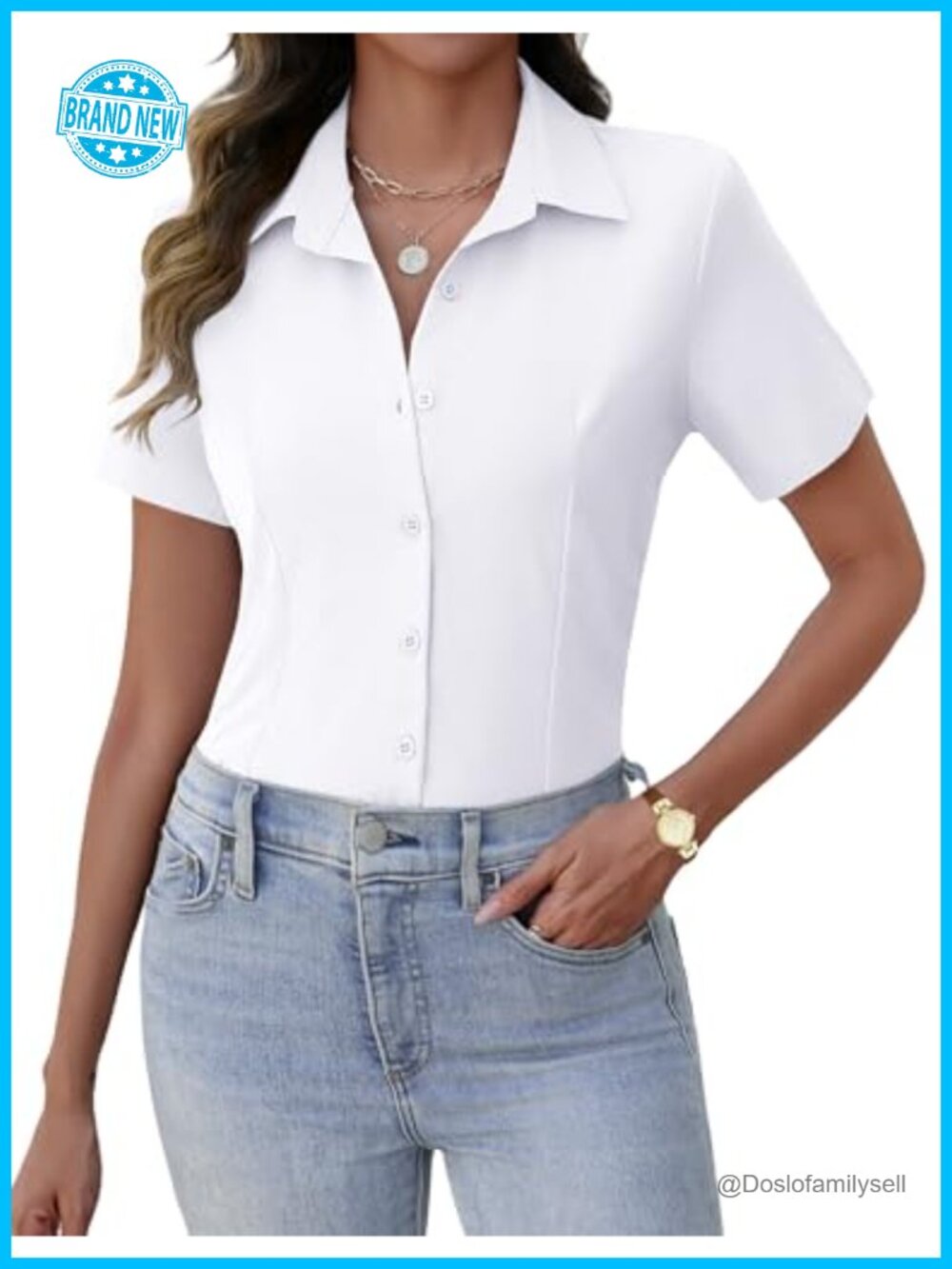 Women's Short Sleeve Button Down Shirt Slim Fit Business Office Blouse